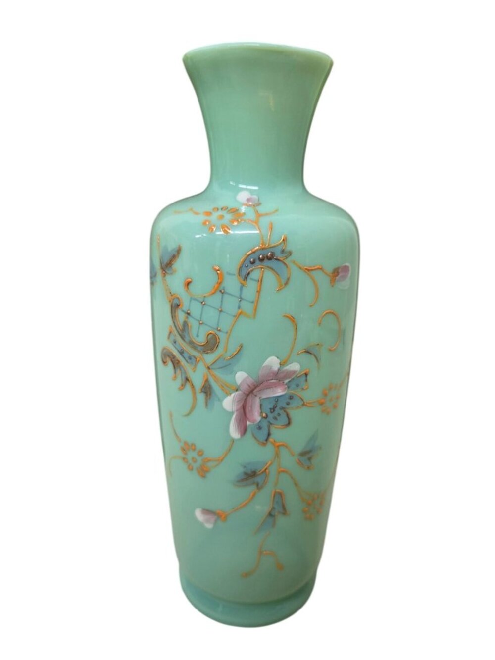 Blown Glass 8" Mint Green Vase Floral Motif Gold Accents